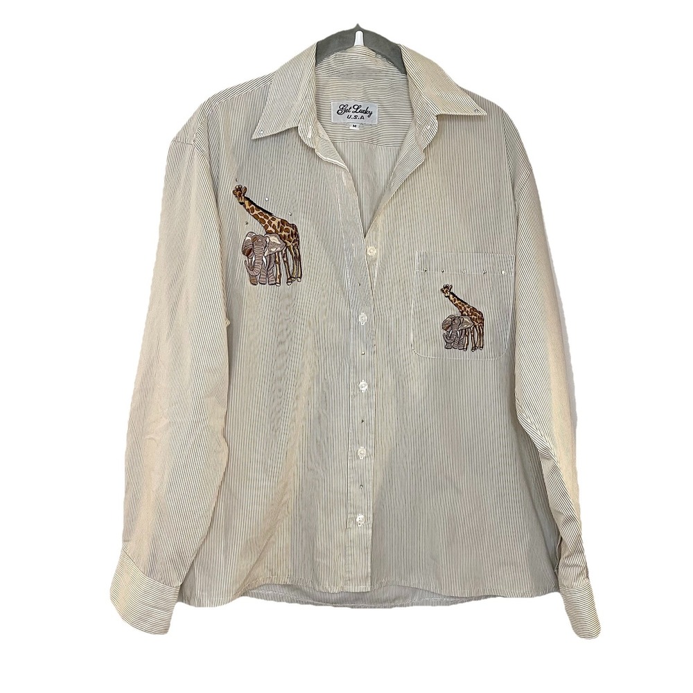 Get Lucky Zoo Safari Animal Giraffe L/S Button-up Shirt Rhinestones‎ Teacher M